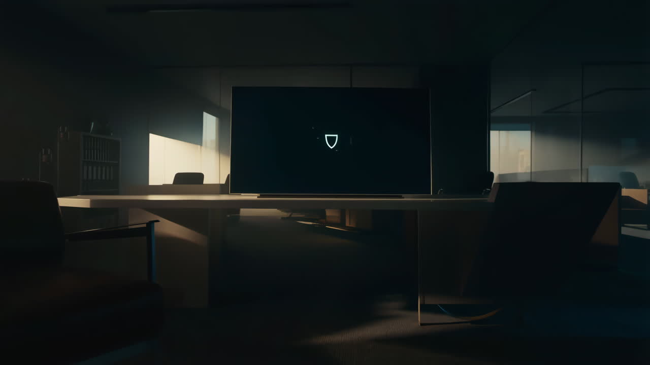 Dark Office Meeting Room with Shield Icon on TV Screen