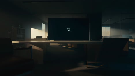 dark office meeting room with shield icon on tv screen