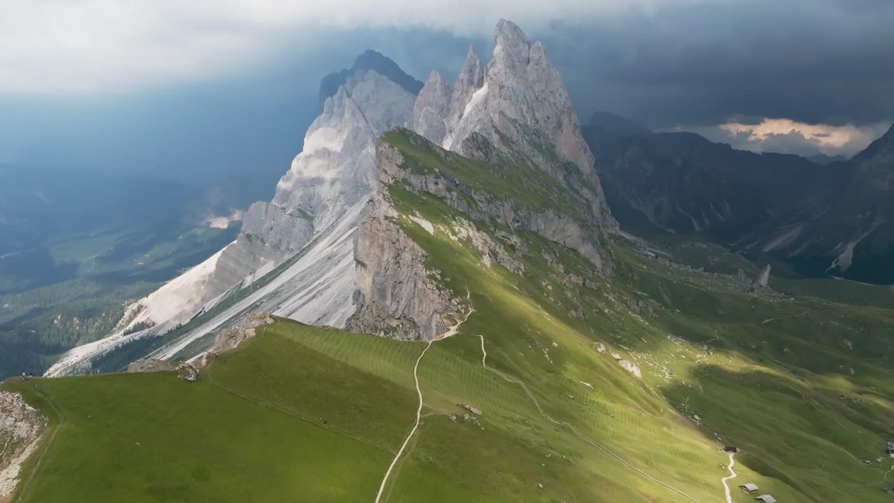 Across Seceda Mountain ridge in the dolemites of Italy