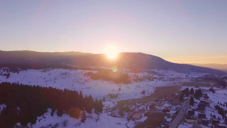 aerial view of the tourist sport, ski area and recreational resort on the mountain jahorina at sunset, bosnia and herzegovina