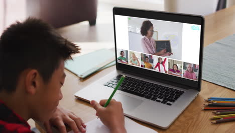 schoolboy using laptop for online lesson at home, with diverse teacher and class on screen