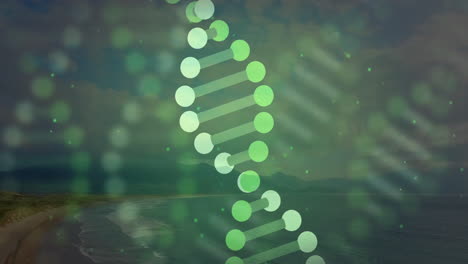 animating dna strand over coastal landscape with green hues, vibrant nature setting