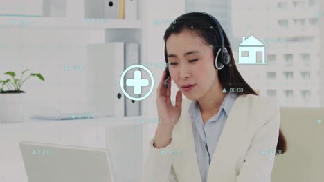 animation of data processing over asian female doctor using laptop and headphones