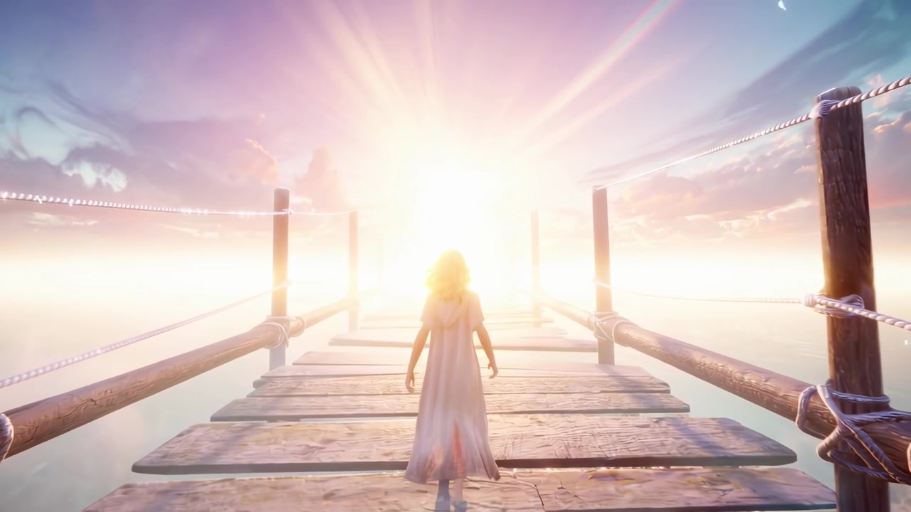 Woman Walking on a Wooden Pier Towards a Bright Light in the Sky