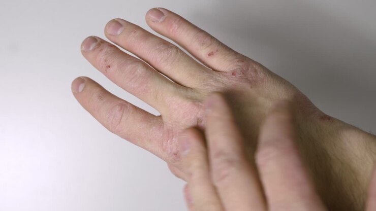 Caucasian Hands With Psoriasis Or Eczema Sickness - Hand Skin Disease Concept - Close Up Shot