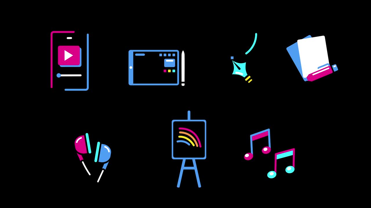 4k video of different icons on black background.