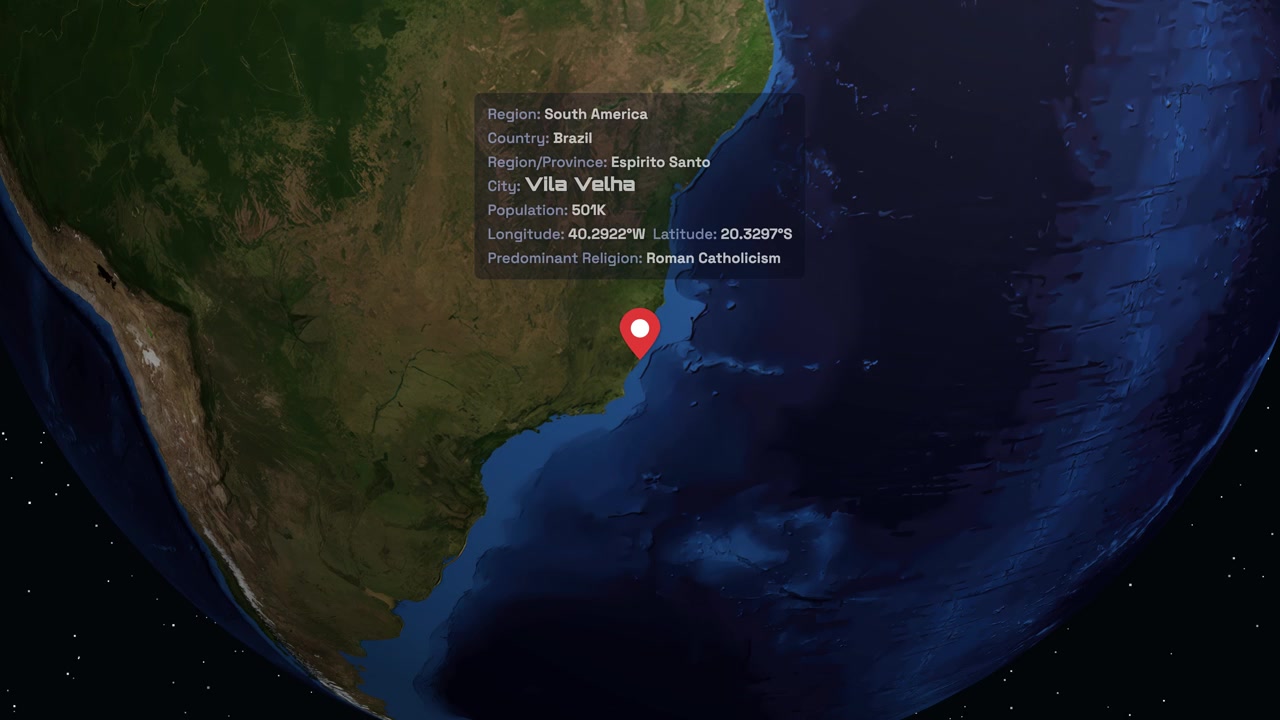 A digital globe rotates and zooms into Brazil, displaying location data for Vila Velha