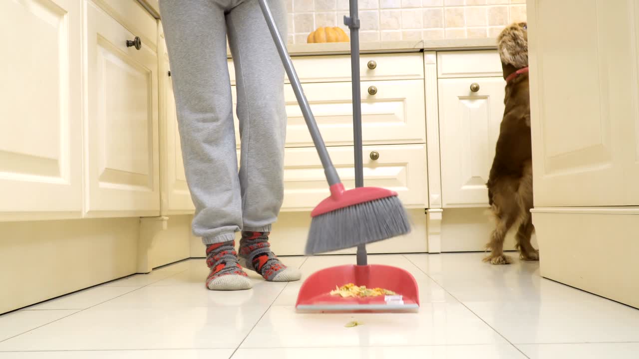 el perro come desde el suelo mientras su dueño barrea el suelo de la cocina.