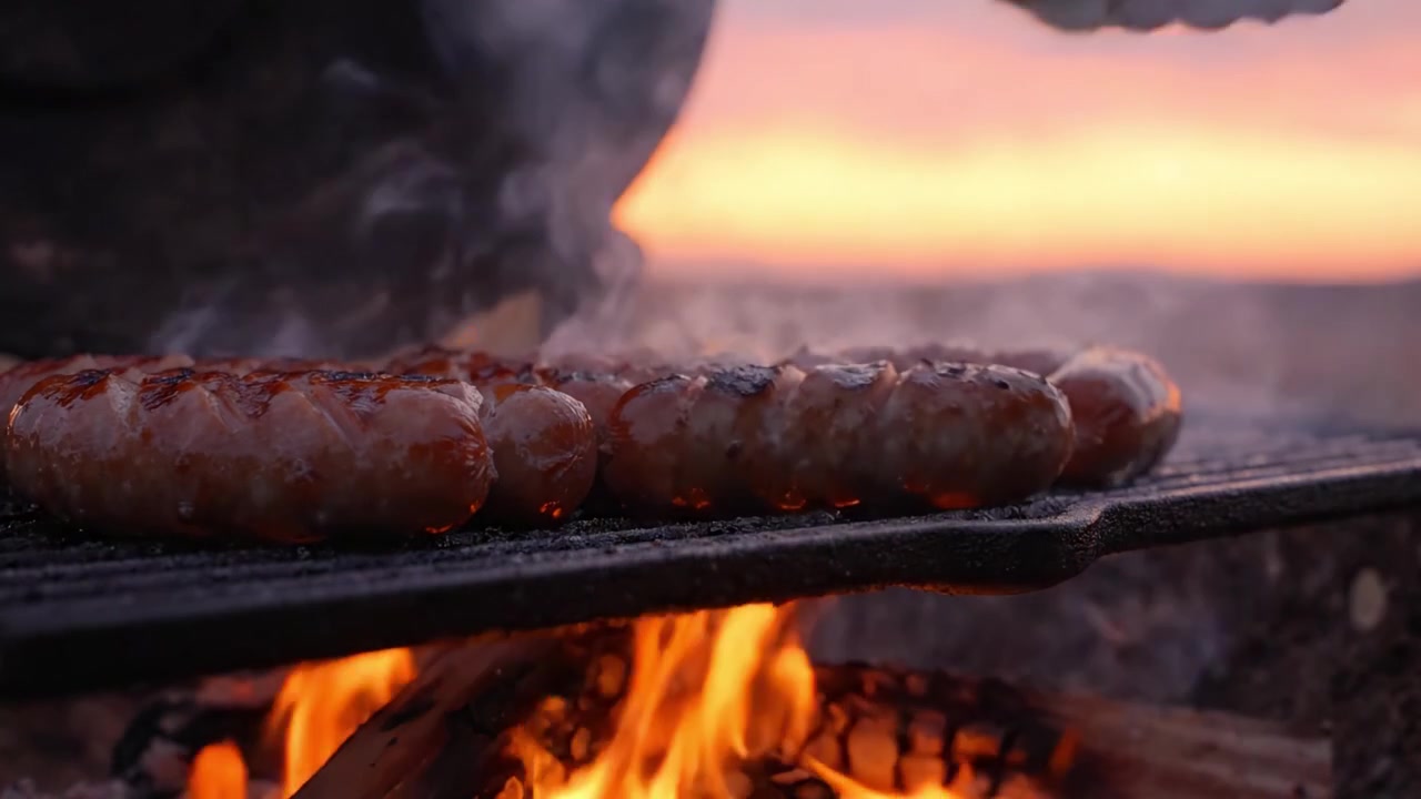 Salsicce Sfrigolanti sulla Griglia in Mezzo a un Bellissimo Tramonto: Un'Esperienza Barbecue Perfetta che Cattura Sapore e Atmosfera