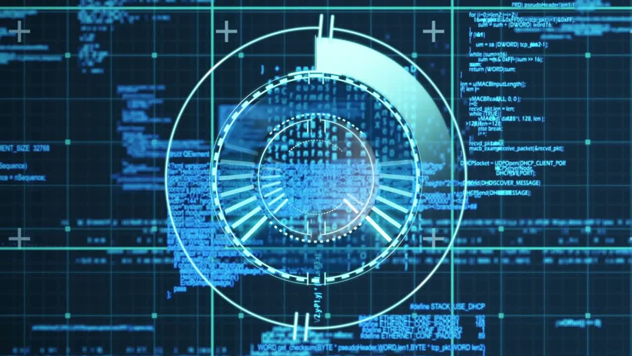 On load circular HUD reticle appearing rotating outer arc sweeping code blocks scrolling to scan