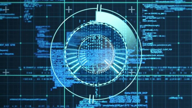 Ved indlæsning vises en cirkulær HUD-sigtekreds med en roterende ydre bue, der scanner kodeblokke.