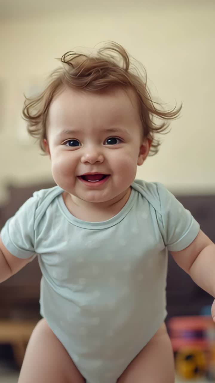 Vertical video: Infant in light blue onesie leaning and stepping to camera in living room, with toy