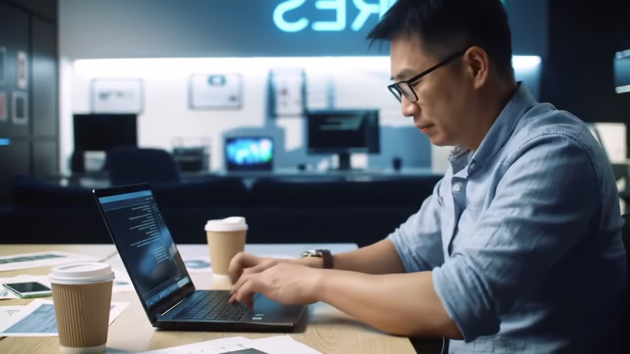 Focused Individual Engaged in Work on Laptop in Modern Workspace, Surrounded by Coffee and Creative Materials, Demonstrating Productivity and Innovation