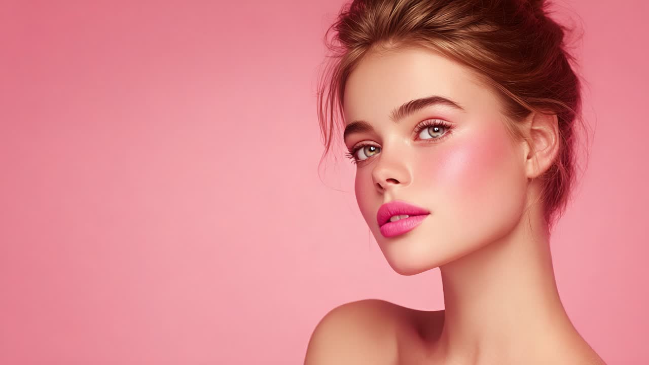 Una bella giovane donna con un trucco sorprendente e una pelle radiosa posa elegantemente su uno sfondo rosa tenue, mostrando un look cosmetico impeccabile