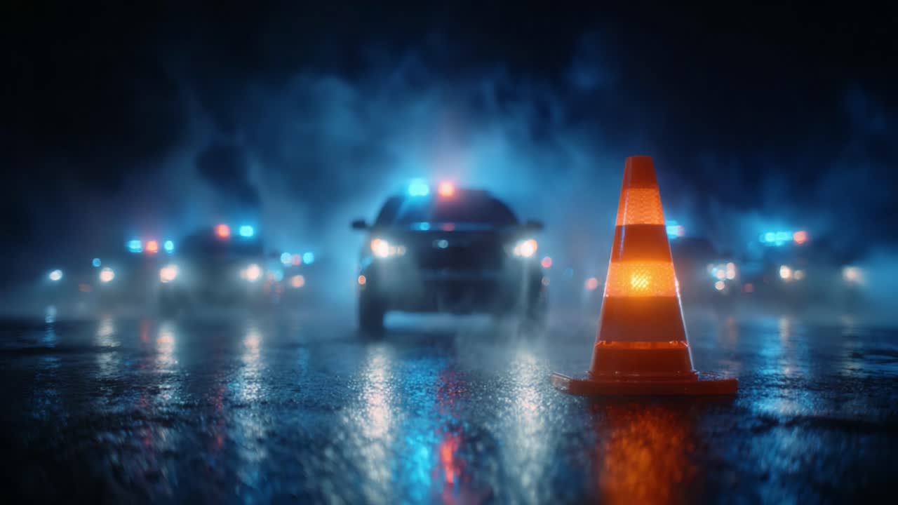 A dramatic scene illuminated by flashing police lights features a prominent traffic cone foregrounded against a misty, blurred backdrop of emergency vehicles on a rainy night