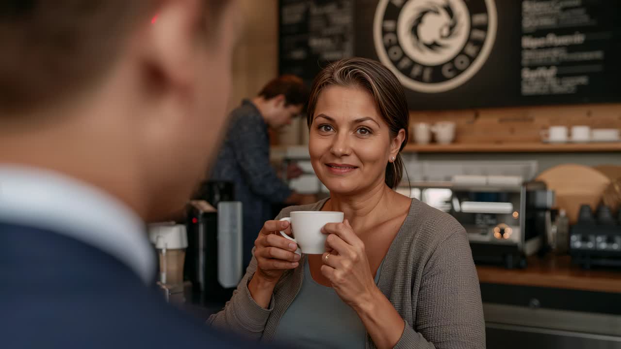 Smiling woman in gray cardigan holding white cup at counter, listening as man speaking to converse