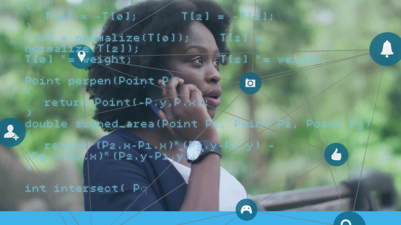 Animation of network of media icons and data over african american woman using smartphone in park