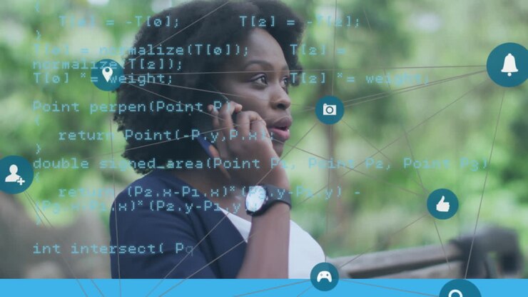 Animation of network of media icons and data over african american woman using smartphone in park
