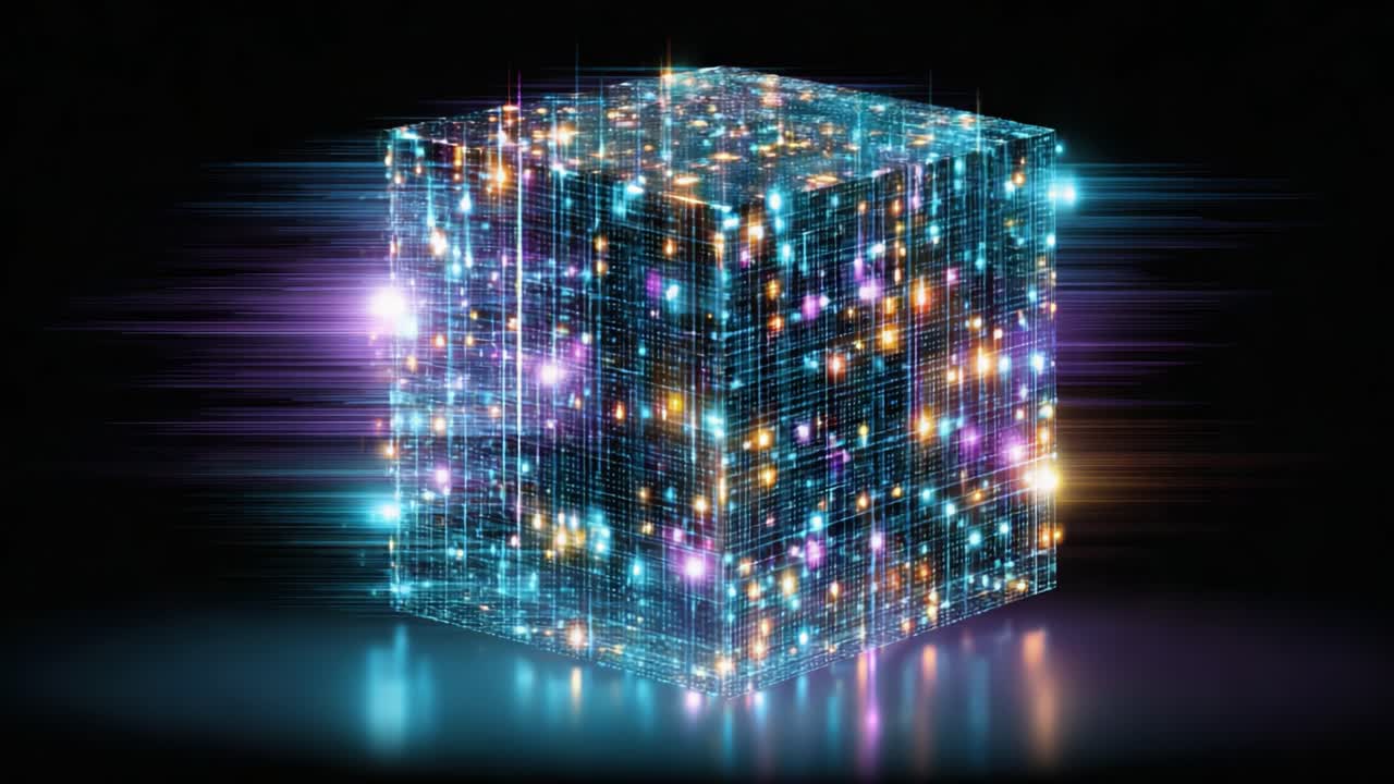 A mesmerizing glowing cube emanating an array of dazzling lights in a digital space, showcasing intricate patterns and a sense of depth, perfect for sci-fi themes and abstract art
