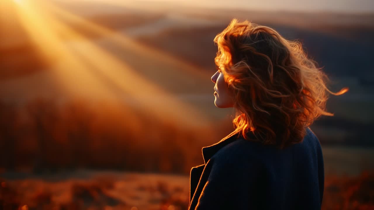 Reflective Moment at Sunset: A Contemplative Woman Gazes into the Distant Horizon, Embraced by Golden Light and Nature's Beauty, Evoking Serenity and Tranquility