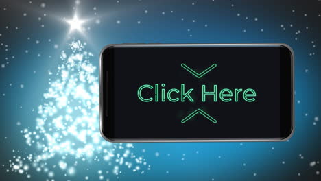 neon "click here" animation on phone with christmas tree highlights festive connectivity.