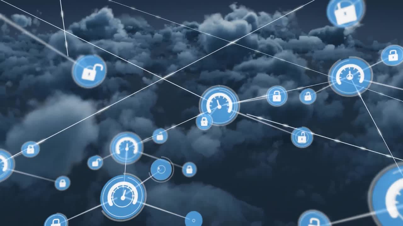 Animation of network of digital icons against dark clouds