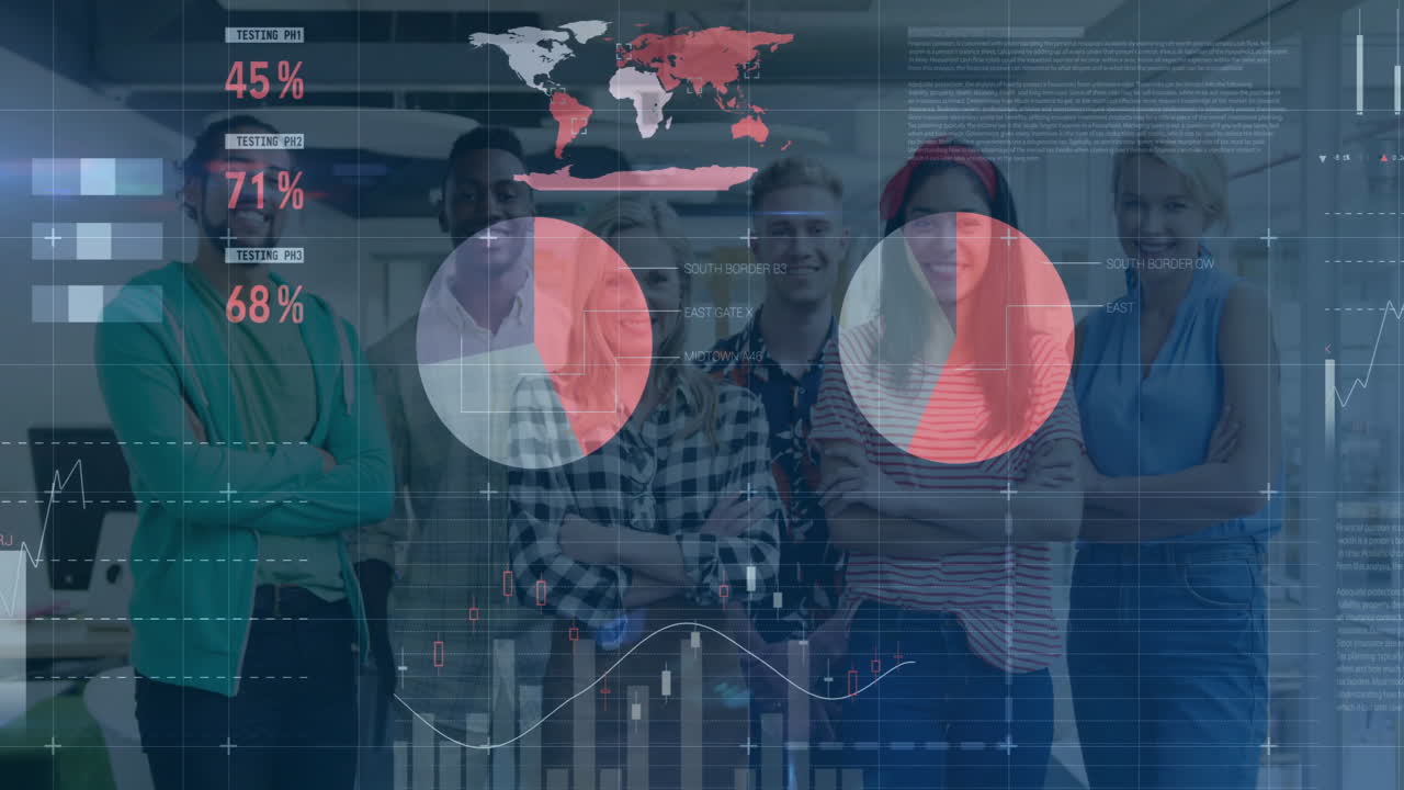 animación de datos financieros y estadísticos sobre un equipo de negocios diverso en la oficina