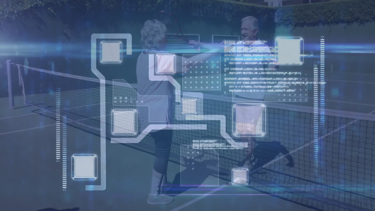 Senior man and woman embracing at tennis net displaying tech HUD squares, lines and bars