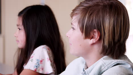 schoolboy raises hand to speak in elementary school lesson