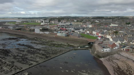 an aerial view of arbroath harbour and town on a cloudy day