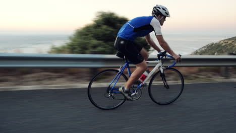 Hombre-Sano-Ciclismo-Bicicleta-De-Carretera-Al-Aire-Libre-Fitness-Steadicam-Shot