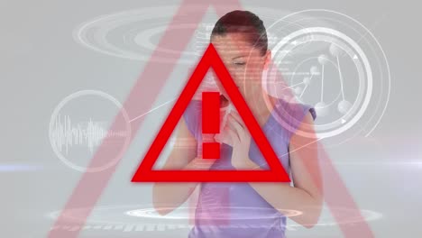 signo de advertencia de triángulo rojo sobre una mujer enferma en el fondo. propagación de covid-19