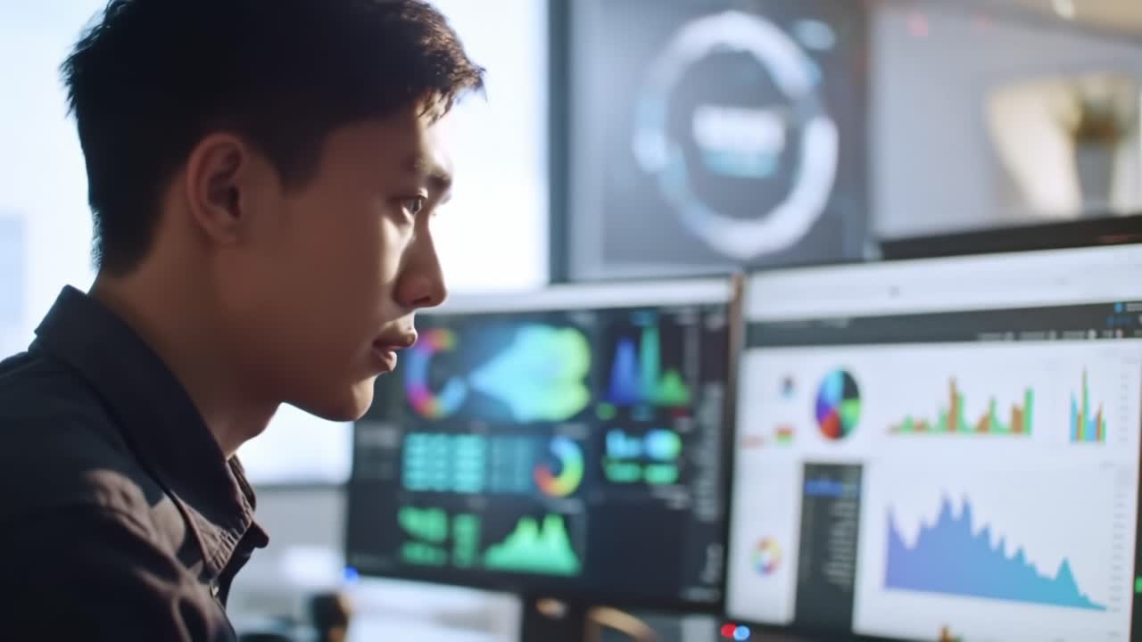 Focused Individual Analyzing Data on Multiple Computer Screens in a Modern Workplace Setting, Exploring Various Graphs and Analyzing Key Metrics for Insights