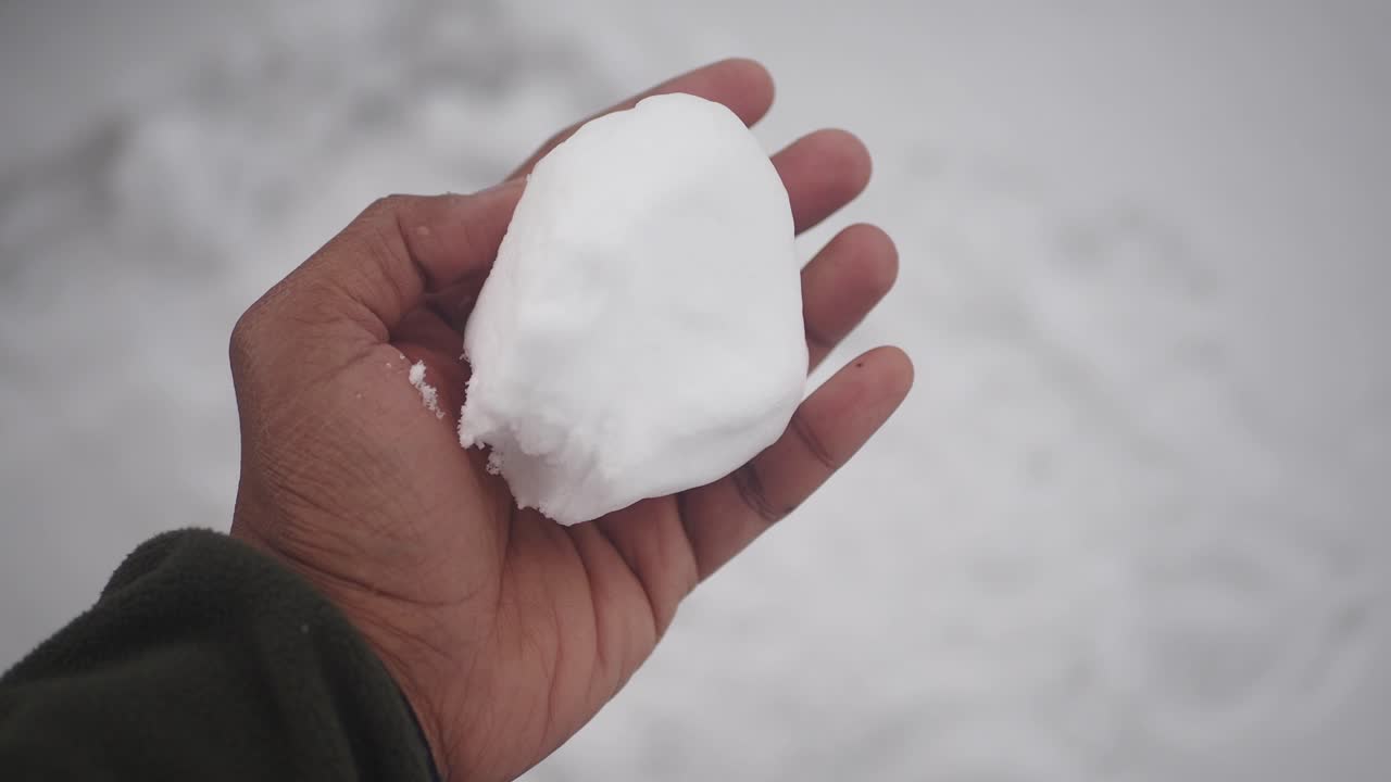 야외에서 눈덩이 들고 사람