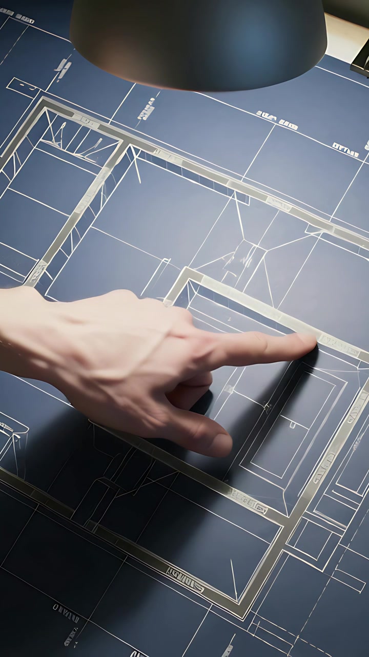 Vertical video: Entering from left, hand tapping rectangle on blueprint, reviewing plan under lamp