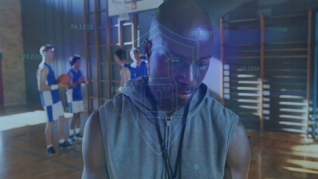 Coach guiding team in gym, using sports analytics overlay with animated data graphics