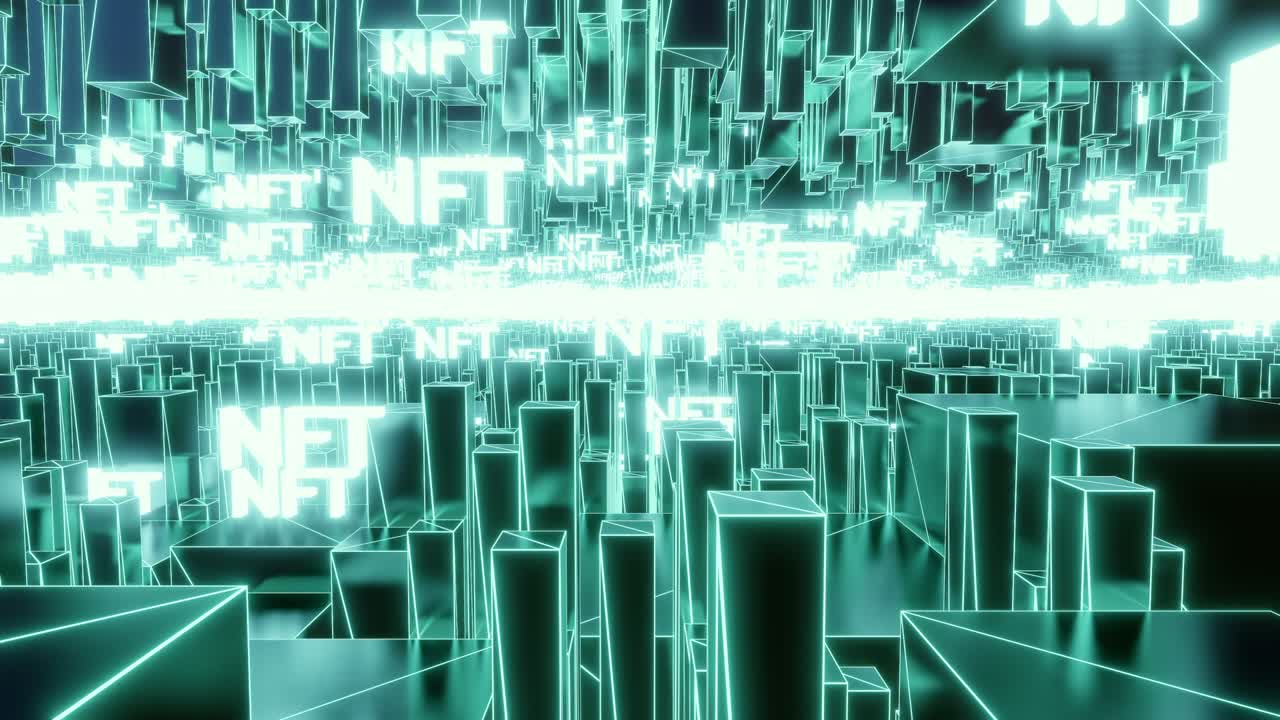 rendering 3d di testo token non fungibile di nft che vola intorno alla città futuristica