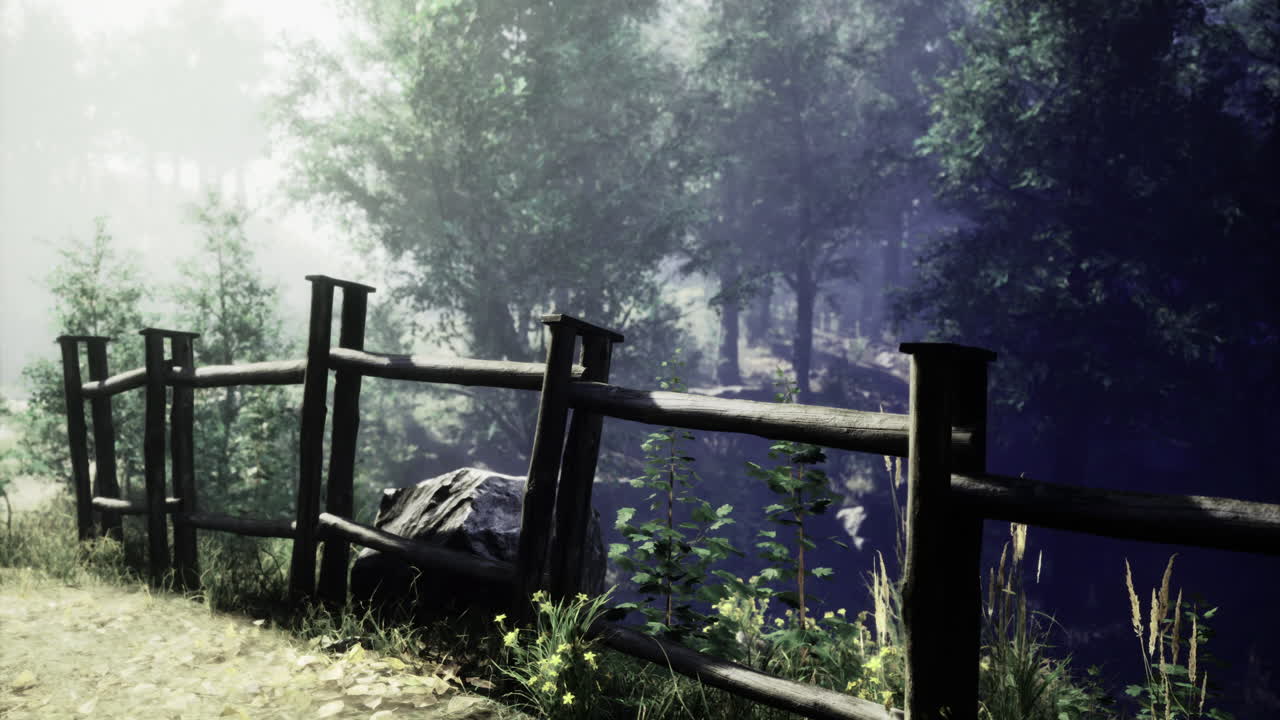 Wooden fence along a serene path bordered by lush trees and a peaceful stream