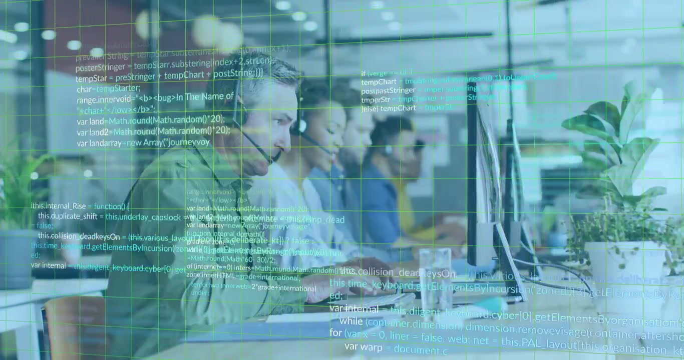 Lead agent typing and handling customer calls, causing green grid with scrolling code over monitors