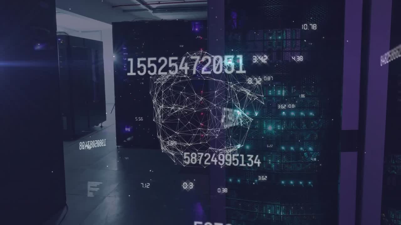 Animation of data processing and shapes over server room