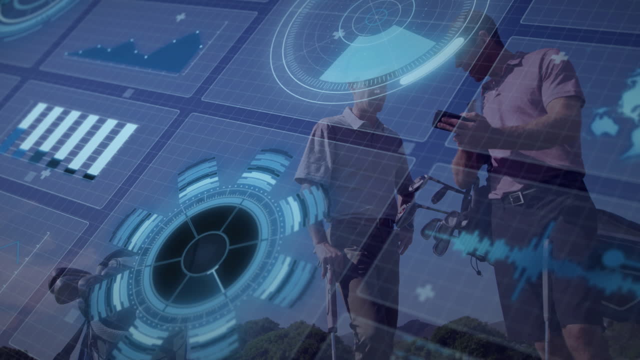 Two men checking smartphone data on golf fairway, showing HUD charts and sports technology metrics