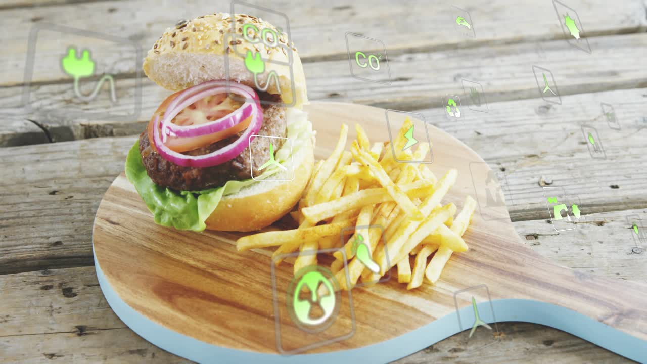 Green icons entering from edges and drifting into clusters over burger with fries showing footprint