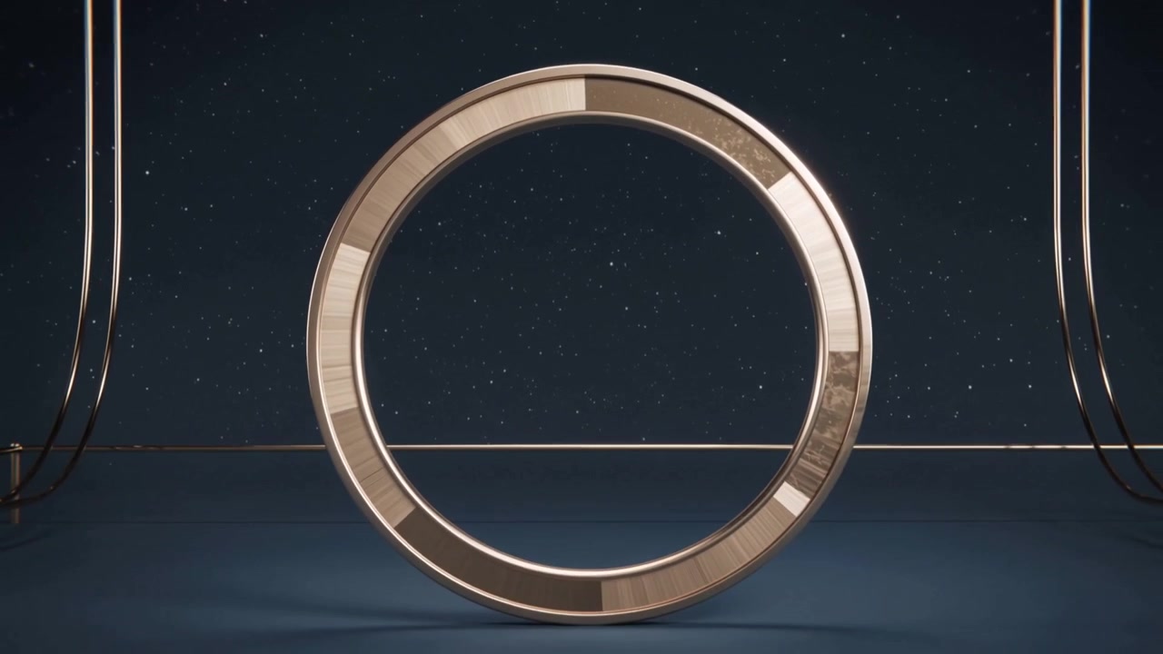 Pulling back camera revealing large metallic ring rotating and settling on stage for logo reveal