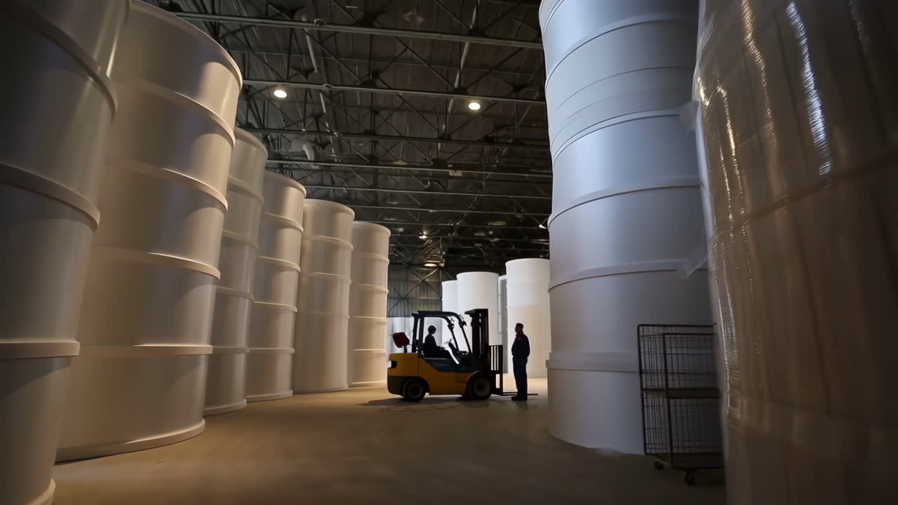 Lagerinteriør med store hvide cylindriske ruller og en gaffeltruck