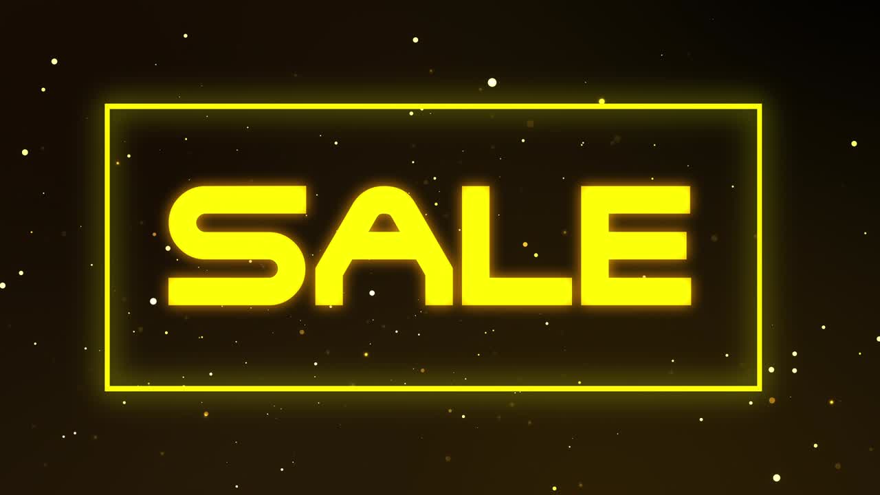 palabra de venta en cartel de neón amarillo. partícula dorada con fondo negro. ocasión de viernes negro. hora de trabajo.