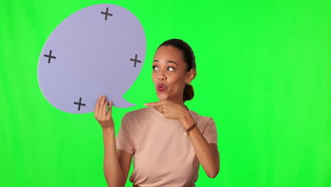 Speech-bubble,-wow-and-woman-on-green-screen