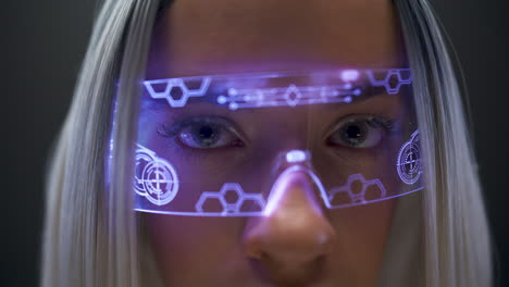 serious vr glasses woman face closeup. girl face watching through smart goggles