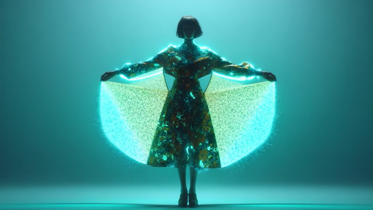 A mesmerizing figure emerges in a glowing display, embodying elegance and mystery while surrounded by an ethereal aura of light, showcasing a captivating visual transformation and artistic expression