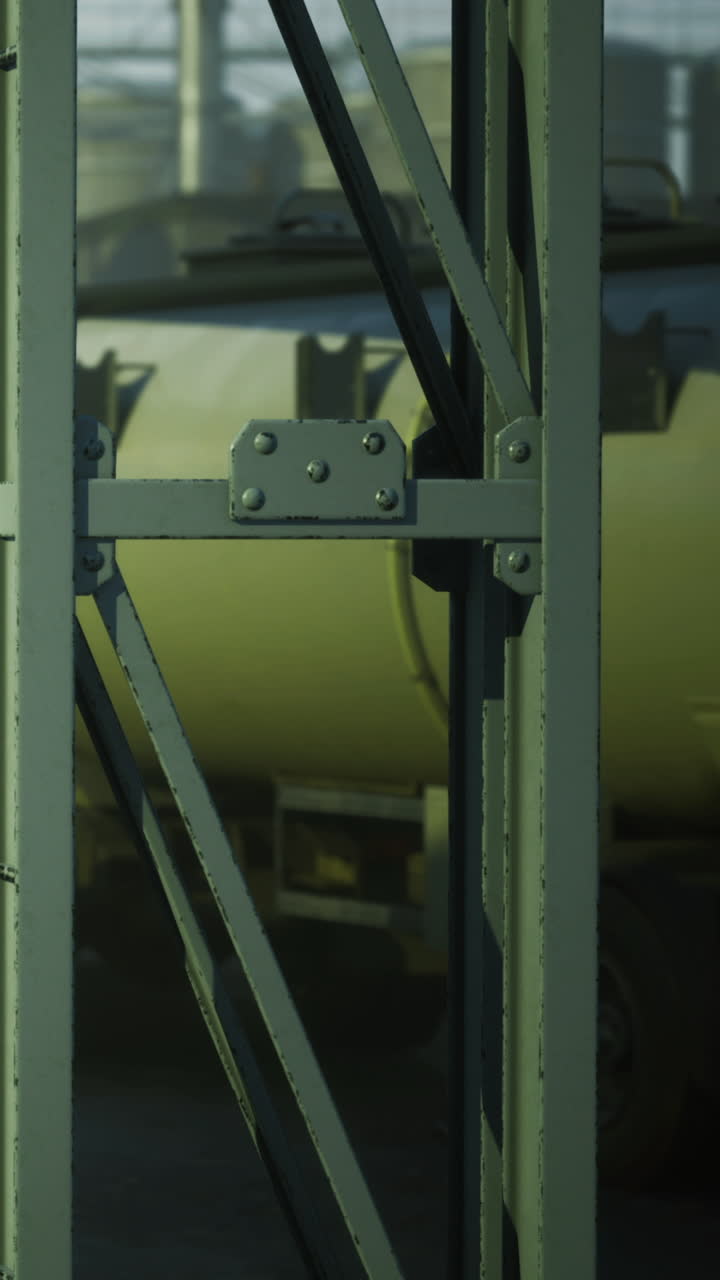 View of metal structure near tank truck in industrial area during daytime