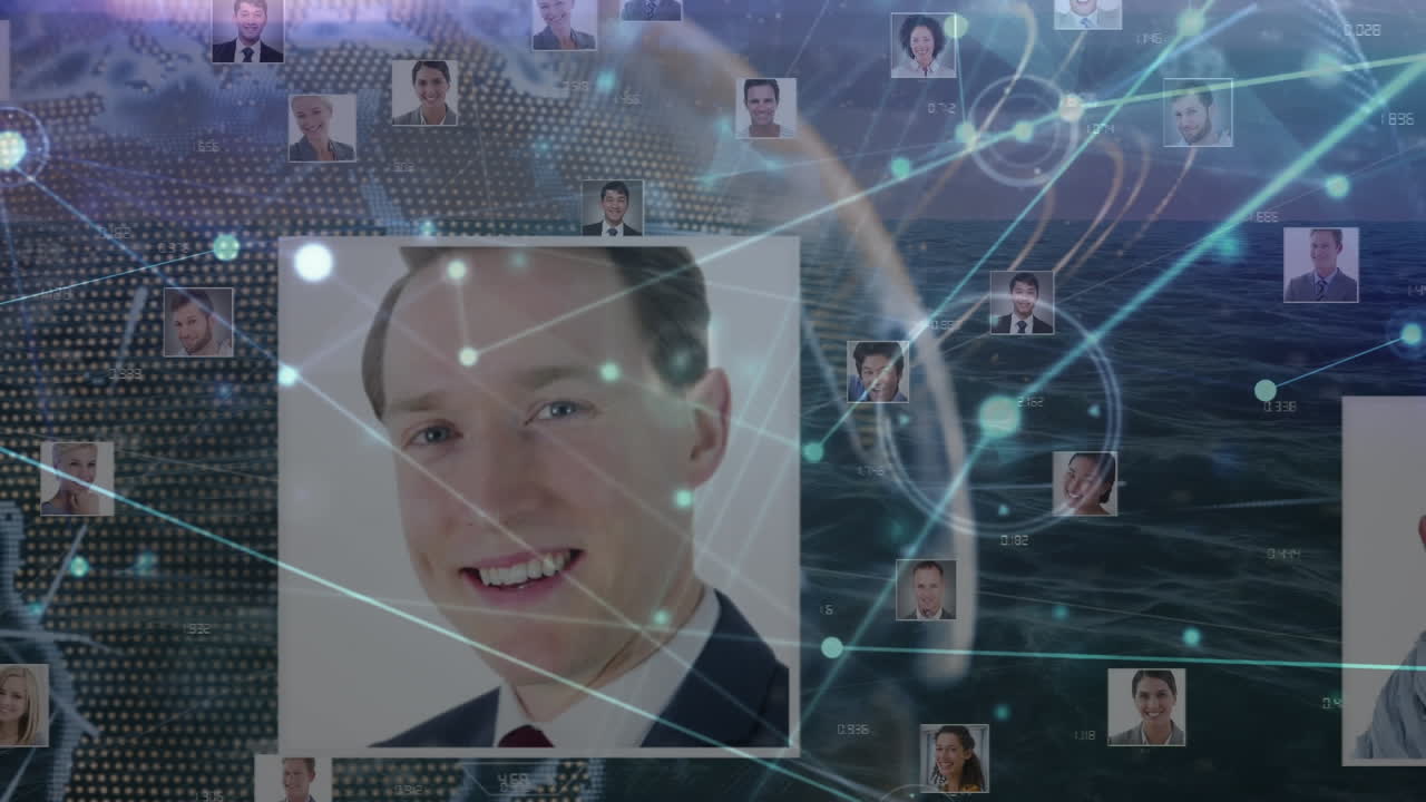 프로필 아이콘과 빛의 흔적의 네트워크의 애니메이션이 바다에 대항하여 회전하는 지구 위에 있습니다.